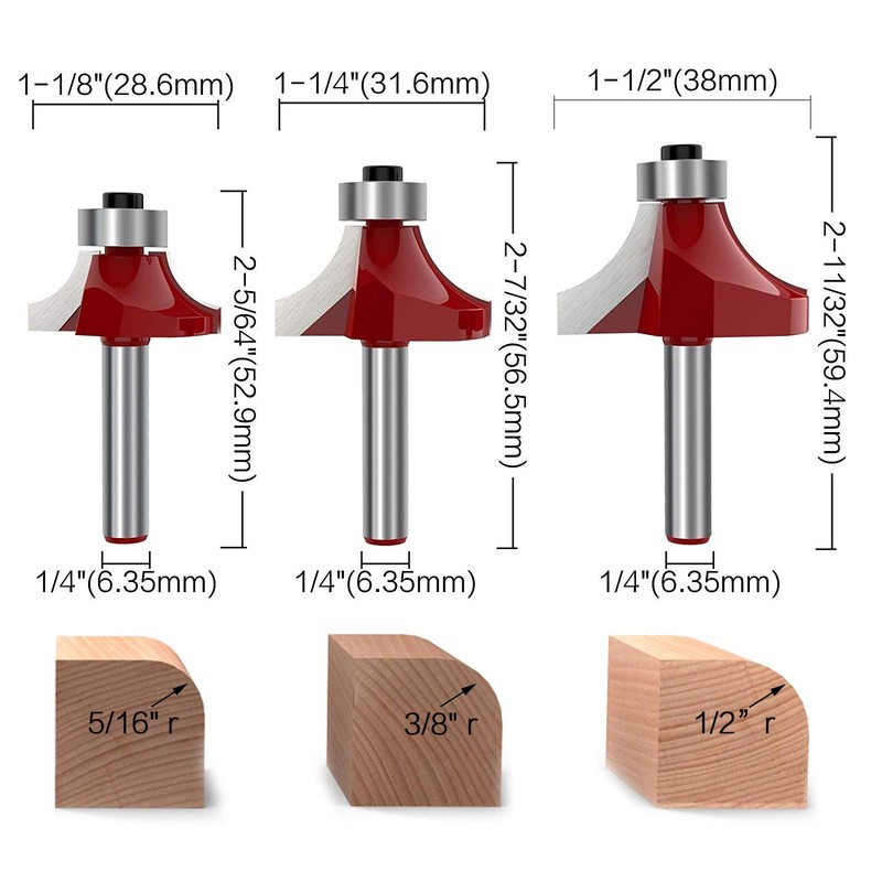 RKURCK 1/4" Shank 7-Piece Round-Over Router Bit Set - 1/8"