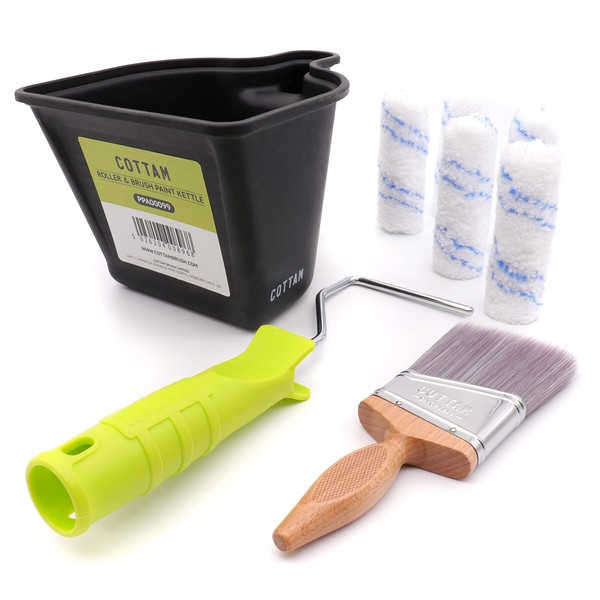 COTTAM Cutting In Brush Set | Small Angled Paint Brush | Mini Small 4 Inch Roller Frame | Mini Microfibre Roller Sleeves | Paint Kettle/Paint Cup | Best For Emulsion Paint
