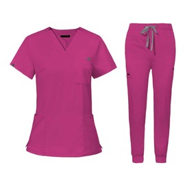 Baoblaze Uniforms Scrub Set with Pockets Nurse Top and Pants Modern Female Work Clothing Work suits Workwear for Athletic Pet Grooming, L, Rose Red