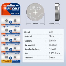 PKCELL 394 380 Watch Battery (40-Pack) AG9 LR45 SR936sw Battery 1.5V Button Coin Cell Batteries (40 Count (Pack of 1))