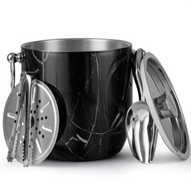 Golden Cudgel 3 Liters Ice Bucket, Double Wall Stainless Steel, Insulated Ice Bucket, Including Strainer & Ice Cover Ice Tongs, Scoope,Black Marble