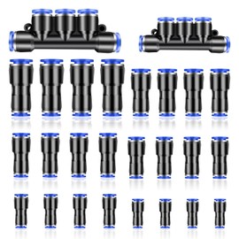 26 pieces 8 shapes air push-in fitting connector, pneumatic connector, air line fittings for 4 mm, 6 mm, 8 mm, 10 mm, 12 mm pipe