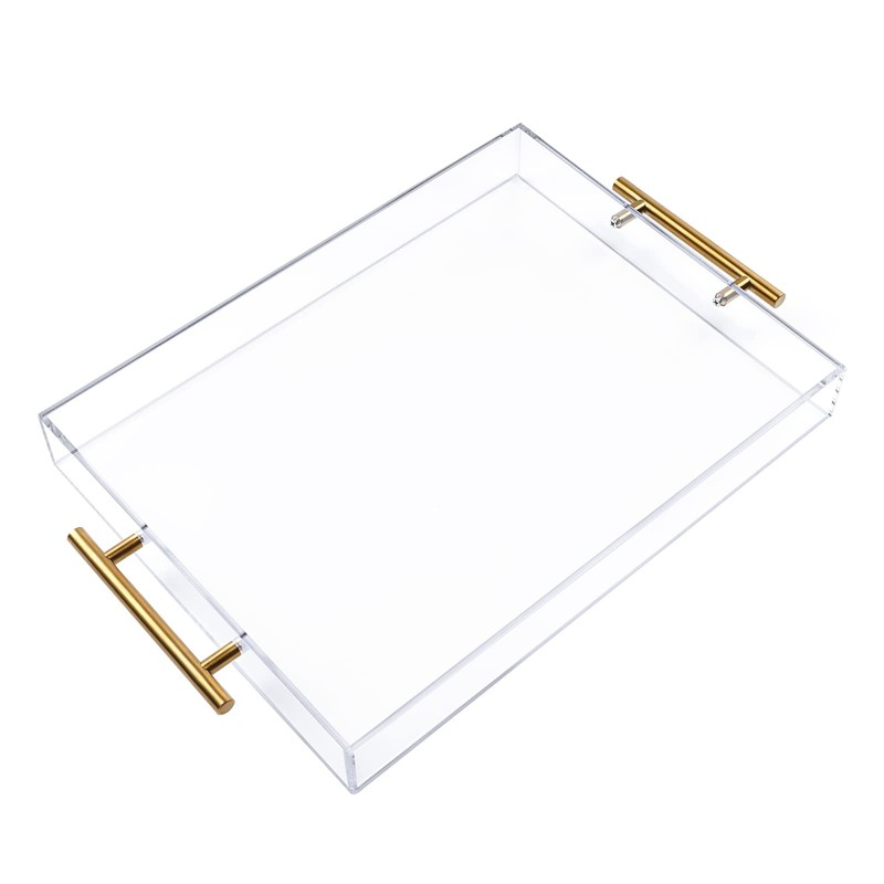 12"x16" Clear Acrylic Serving Tray with Golden Handles, Sturdy Huge