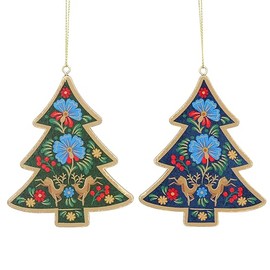 Gisela Graham Folk Art Wood Christmas Tree Decoration, set of 2