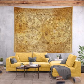 Loccor 8x6ft Vintage World Map Tapestry Ancient Atlas World Map on Old Paper Globe Travel Wall Hanging Men Modern Office Geography Education Poster Backdrop for Kids Students Home Classroom Bedroom