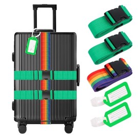 3 Stück Koffergurt Set,Längenverstellbar Kofferband auffällig mit Schnalle & Kofferanhänger,Koffergurte Gepäckband zur Koffer Identifikation für Flugreise,Kofferzubehör (Grün+Farbe)