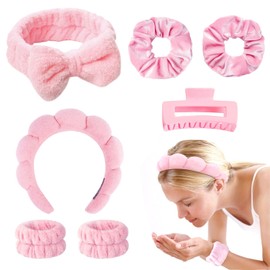 Spove 7pcs Skincare Headband Set, Spa headband and wristband for women, Hair Scrunchies, Makeup Wristbands, Hairpin, Spa Headbands for Women, Face Washing Make Up Hair Band (Pink, One Size)