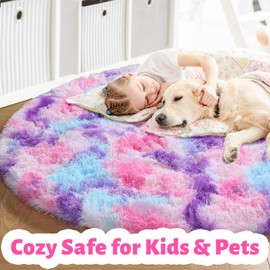 Amdrebio Hot Pink Rainbow Round Circle Area Rug 6Ft for Girls Bedroom, Large Fluffy Cute Fuzzy Colorful Pastel Kids Rugs for Nursery Playroom Classroom, Shag Princess Carpet for Baby Toddler Teen