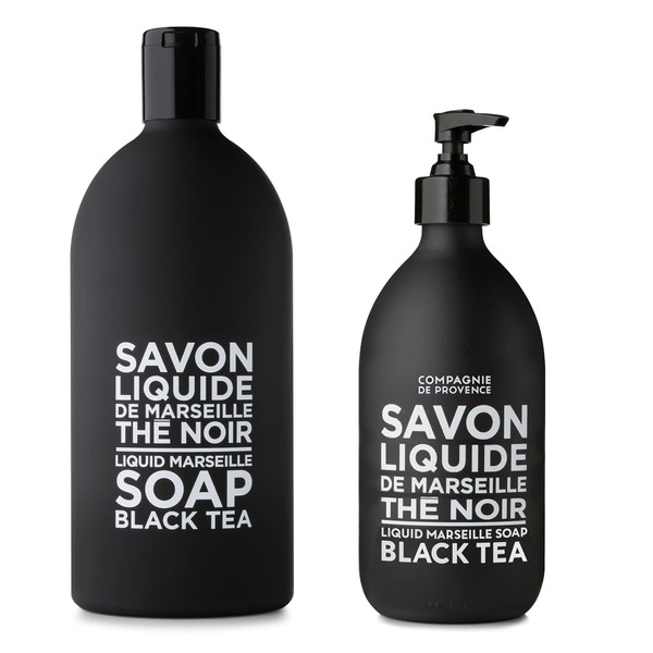 Compagnie de Provence Savon de Marseille Extra Pure Liquid Soap - Black Tea - 16.9 Fl Oz Glass Pump Bottle and 33.8 fl oz Plastic Bottle Refill