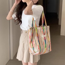 OrcOw Rainbow Tote Bag Striped Canvas Women’s Handbag Shoulder Bag for School Work Shopping Yoga Travel Beach Muticolor Canvas Bag Aesthetic Spacious Shoulder Bag for Women Girls