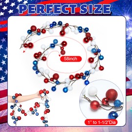 Juexica 4. 8 ft 4th of July Ball Garland Red White and Blue Ball Ornaments Glitter Patriotic Hanging Wreath Garland for Independence Day Home Mantel Stairs Decorations