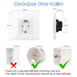 CNBINGO Glass Schuko Socket, Flush-Mounted, Single Socket, White, One-Way Wall Socket with Glass Frame