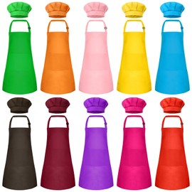 Bouiexye 10 Set Kids Apron and Chef Hat Set Children Apron Adjustable with 2 Pockets Children Chef Painting for Cooking Baking Painting Crafts Making（10 colors