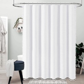 BTTN Boho Long Shower Curtain, 72x78 Inch Long Linen Ultra Thick Fabric Shower Curtain Set with Plastic Hooks, Tall Modern Farmhouse Country Neutral Textured Cloth Shower Curtains for Bathroom, White
