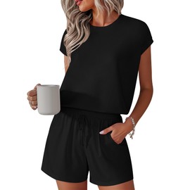 Yommay Women's Pajama Sets Short Sleeve Crew Neck Top with Short Leg Ladies Pyjamas Bottoms Summer Comfy Sleepwear Loungewear,Black,XL