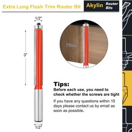 Akylin Extra Long Flush Trim Router Bit 1/2 Inch Shank - Cut Dia 1/2", Cutting Length 3" , Top Bearing Template Router Bit, Flush Cut Router Bit for Woodworking Trimming, by Akylin.