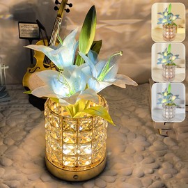 Lily Flower Lamps, Rechargeable Cordless Small Desk Lamp, 3 Colors Dimmable Artificial Flowers Night Light, Fake Bouquet 3 Lilies with Crystal Vase for Home Date Party Decoration (Blue - Lily)
