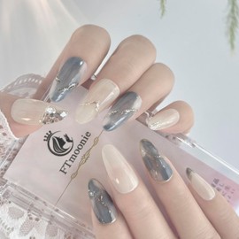 FTmoonie Nail Tips Nail Stickers Press-on Nails 10-Piece Set, DIY Nail Stickers, Long, Gray, Birthday Gift, Daily Use, Work