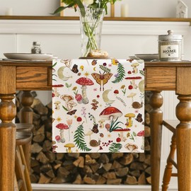Mushroom Table Runner - Vintage Mushroom Tablecloth, Mushroom Party Decorations, Cottage Mushroom Kitchen Decor, Boho Modern Mushroom Fall Decor, Mushroom Birthday Decorations, 183 × 33cm (white)