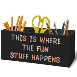 XLDLIOO Boho Classroom Black Pen Pencil Holder Organizer for Desk Accessories, This Is Where the Fun Stuff Happens Wooden Box Sign Desk Decor for Kids Room Bedroom Decoration, Boho Classroom Decor