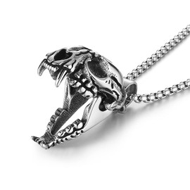 HZMAN Men's Punk Pendant Necklace, Gothic Stainless Steel Openable Sabertooth Tiger Skull Jewelry (Silver)