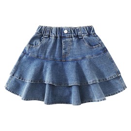 ToeJusty Little Girl's Denim Ruffle Skirts Mini Flared Pleated Toddler Jean Skorts with Shorts Underneath 5-12 Years blue-5T