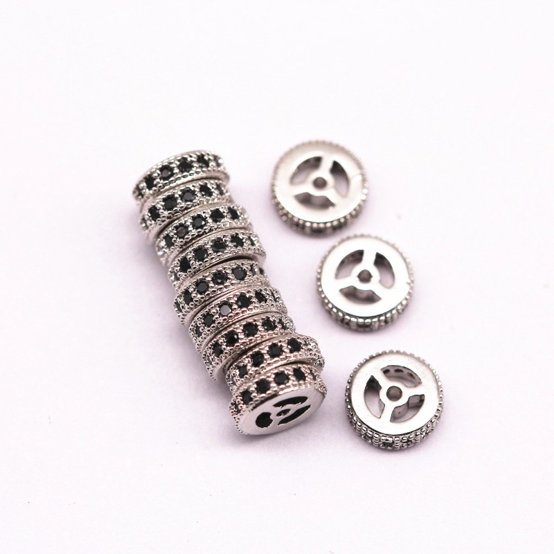 Unbranded Silver Plated Micro Pave Black Zircon Flat Wheel Charm