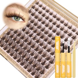 Brown Lash Clusters Kit Wispy Lashes Extensions Kit Natural Eyelash Clusters Waterproof Lash Bond and Seal Kit Dark Brown Cluster Lash C-Curly Individual Lash Pack 120Pcs DIY Lash Kit (8-16MM)