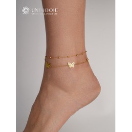 Unimooie Stainless Steel Anklet with Butterfly Pendant, Double Layer, Women's Anklet, Waterproof & Durable, Elegant Gift for Women, Birthday, Holiday, Beach, Adjustable Length
