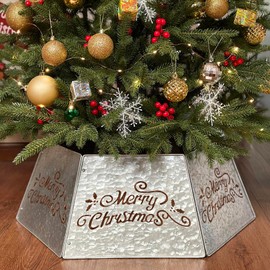 Nawbbzj Galvanized Cutout Merry Christmas Tree Collar, Metal Christmas Tree Collars for Artificial Trees, Beautiful Tree Collar for Pencil Tree Decorates Your Holiday