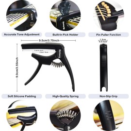 Histacy Black Guitar Capo, 3 in 1 Zinc Alloy Capo with Pick Holder & Bridge Pin Puller, 6 Guitar Picks, Pick Holder & Leather Pouch For Acoustic Guitar Electric Guitar Bass Ukulele, Guitar Accessories