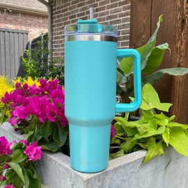Glassy Girls 40oz Teal Matte Tumbler with handle and straw, 40oz Teal Blue Tumbler, 40oz Travel Water Tumbler, Large Teal Mint Travel Cup