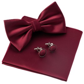 Mens Solid Color Double Fold Pre-tied Bow Tie and Pocket Square Cufflinks Set Formal Tuxedo Bowties for Wedding Party（Wine red）