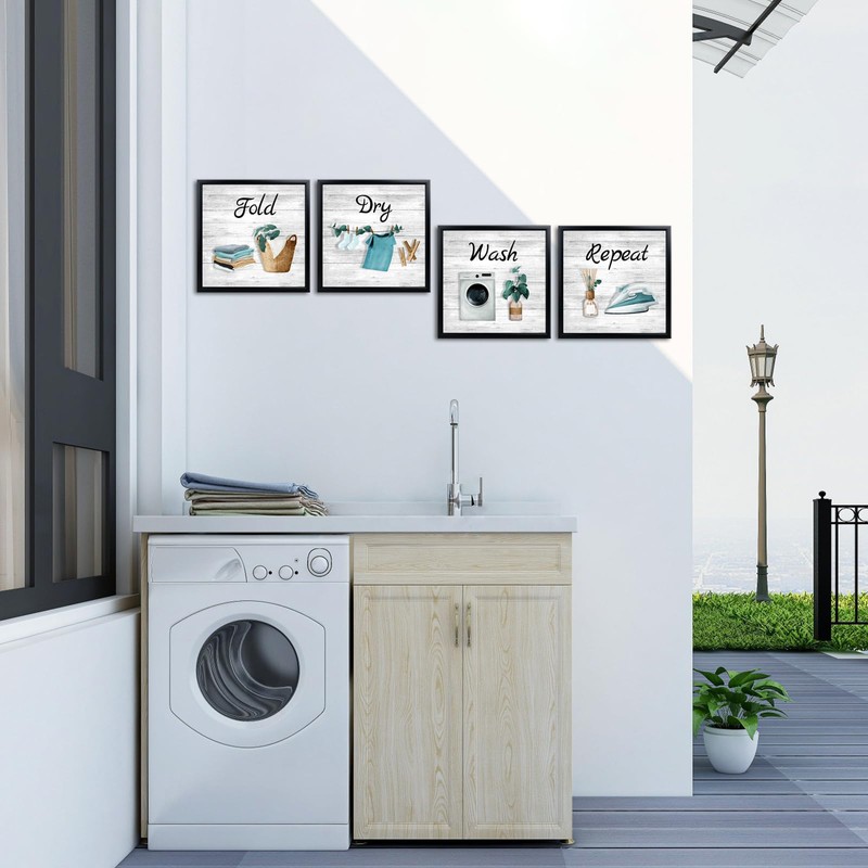 Artmyharbor 4 Pieces Wash Dry Fold Repeat Laundry Wall Art