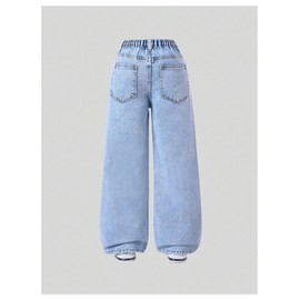 WDIRARA Girl's Cute Print Ripped Baggy Jeans Distressed Straight Leg Denim Pants Light Wash 16Y