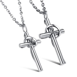 Couple Titanium Stainless Steel Necklace Set "Lingering Love Cross" Love Valentine, Packed with a Gift Box