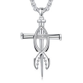 Lattd Nail Cross Necklace925 Sterling Silver Christian Fish Nails Cross Pendant Jewelry for Men Dad Husband, w/Stainless Steel Chain 22''+2''