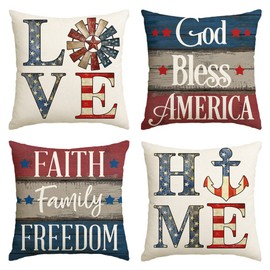 AVOIN colorlife God Bless America Throw Pillow Covers 20 x 20 Set of 4, Faith Family Freedom 4th of July Independence Memorial Day Patriotic Decorations for Sofa Couch