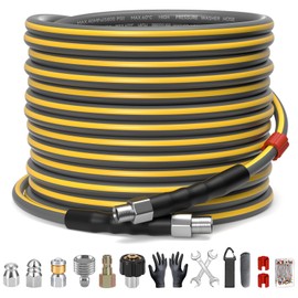 TUTULUCK Sewer Jetter Kit for Pressure Washer, 5800PSI Drain Cleaner Hose 1/4 Inch NPT Corner,Showerhead,Rotating rotates,Mushroom Nose,Corner sewer nozzle(50FT)