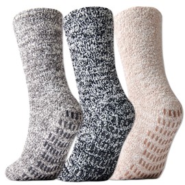 JORMATT 3 Pairs Women Grip Fuzzy Socks Non Skid Men Thick Cozy Slipper Hospital Socks with Grips,Size XS