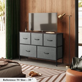 WLIVE Dresser for Bedroom with 5 Drawers, Long Storage Dresser, Fabric Dresser, Storage Drawer Unit with Fabric Bins for Closet, Hallway, Dark Grey, Size L