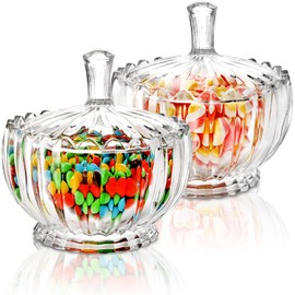 DEAYOU 2 Pack Glass Candy Dish with Lid Large, 34 Oz Crystal Decorative Covered Sugar Bowl, Clear Biscuit Barrel Candy Buffet Box Storage Container for Snack, Gift, 6", Vintage Stripe Style