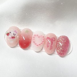 [Handmade Nail Tips] Hello Strawberry Nail Tips - Long Oval / [수제네일팁] 헬로스트로베리 네일팁 - 롱오벌