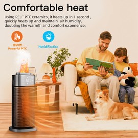 RELF 1500W PTC Ceramic Space Heater with Humidifier - 70° Oscillation, Remote Control, ECO Mode, Timer, and Tip-Over Protection - Quiet and Efficient for Home or Office