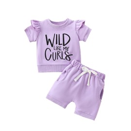 Douhoow Baby Girl Short Sets Wild Girl Letters T-shirt with Shorts Baby Girl Summer Clothes Toddler Girl Outfits (Purple, 0-6 Months)