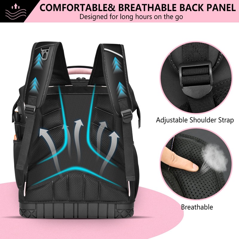 LOKASS Pink Tool Bag for Women, Wide-open Tool Backpack with