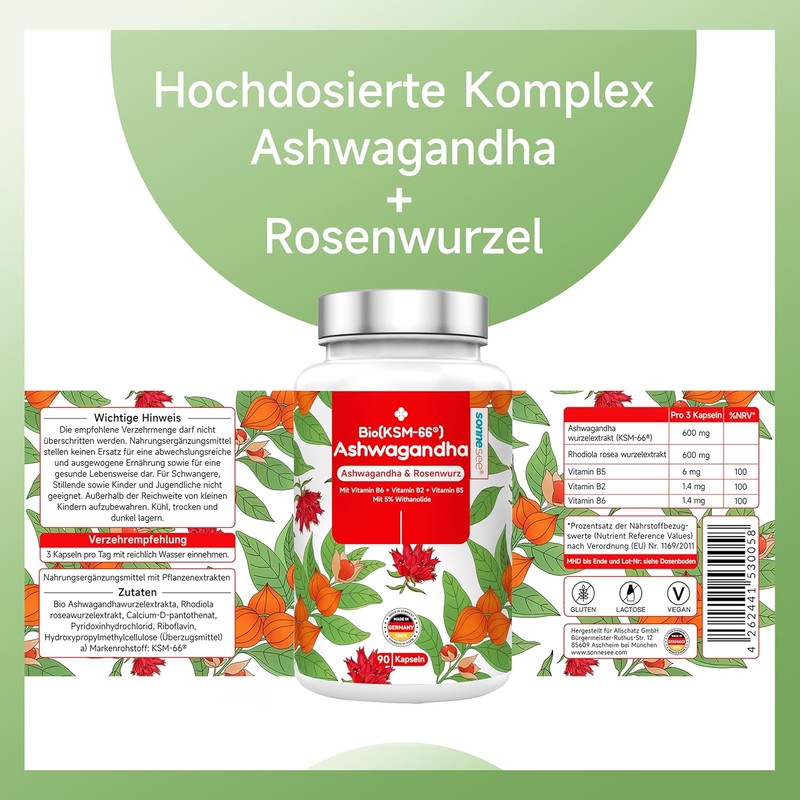 Organic Ashwagandha KSM-66 Rose Root 5 Times per Day 1200