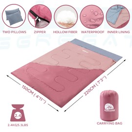 Double Sleeping Bag for Adults Kids - Lightweight 2 Person Sleeping Bag with Pillow, Waterproof Camping Two Person Sleeping Bag for Girls, Boys, Youths, Teens, Compact Sleeping Bag for Cold Weather