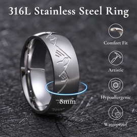 King Will Stainless Steel Wedding Band for Men-8mm Silver Men Ring Plated Brushed Finish Inlay Forest and Bear Pattern, Wedding Band Ring Hypoallergenic and Comfort Fit Size 10