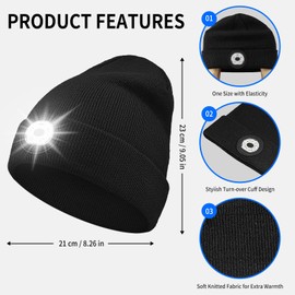TOUCH TWO Beanie with Light, Tyep-C Rechargeable LED Hat, Suitable for Running Hiking Walking and Working, Best Gifts for Men Women, Black